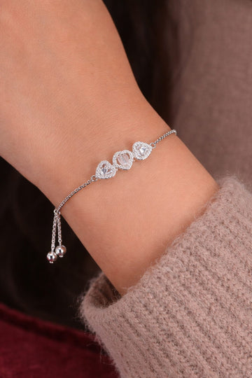 Triple Radiant Heart Adjustable Bolo Bracelet in Sterling Silver Finish