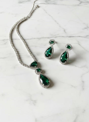 Emerald Green Teardrop Halo Jewelry Set - Rhodium Plated Tennis Necklace & Matching Drop Earrings