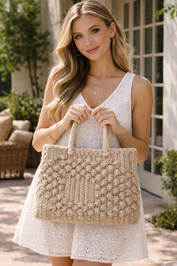 Coastal Muse Woven Tote | Hand-Stitched Geometric Shoulder Bag