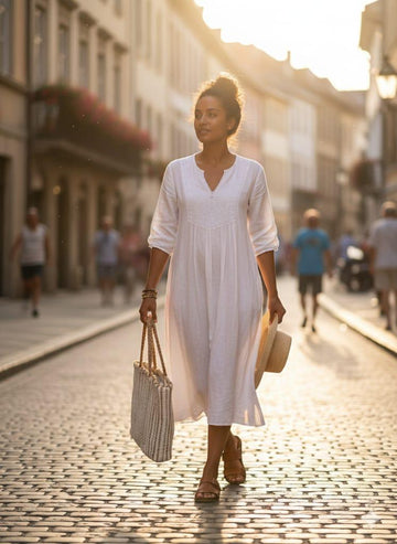 Serene Summer Linen Midi Dress – Breathable Boho Embroidered V-Neck Kaftan