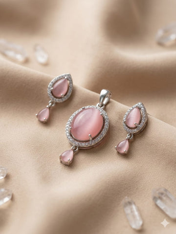 Blush Pink Teardrop Gemstone Pendant & Earrings Jewelry Set