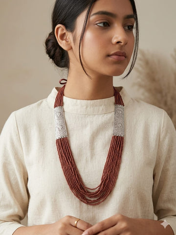 Handcrafted Multi-Layer Rust Beaded Necklace with Engraved Silver Accents – Ethnic Statement Jewelry