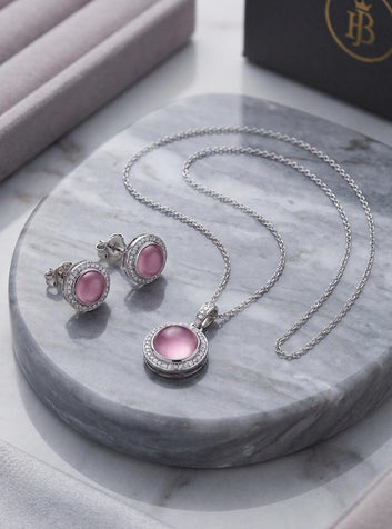 Blush Pink Emerald-Cut Pendant Necklace & Earrings Set – Elegant Diamond Jewelry