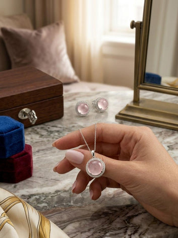 Blush Pink Crystal Halo Pendant Necklace & Stud Earrings Set – Elegant Silver-Tone Jewelry