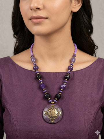 Elegant Bohemian Purple Beaded Necklace with Statement Pendant – Handmade Artisan Jewelry for Women