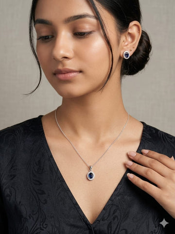 Classic Blue Sapphire Pendant Necklace & Stud Earrings Set – Elegant Minimal Jewelry
