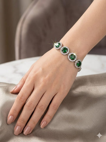 Luxury Emerald Halo Bracelet – Elegant Green Crystal & Diamond Accent Tennis Bracelet for Women