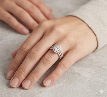 Elegant Round Halo Diamond Ring with Triple Band – Silver-Tone Bridal Engagement Ring for Women