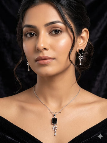 Elegant Black Stone Pendant Necklace & Earrings Set – Leaf Drop Crystal Jewelry