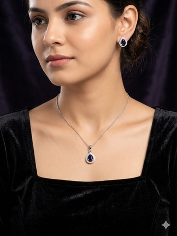 Elegant Blue Teardrop Crystal Pendant Necklace & Stud Earrings Set – Silver-Tone Minimal Jewelry