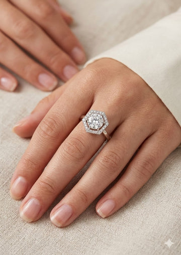 Luxury Hexagon Halo Diamond Ring – Elegant Silver-Tone Statement Engagement Ring for Women