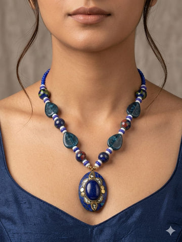Bohemian Blue Stone Beaded Necklace with Oval Pendant – Ethnic Statement Jewelry for Women