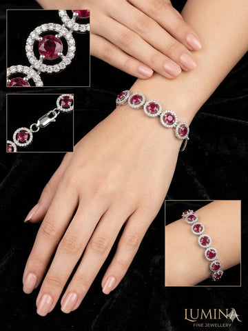 Luxury Ruby Red Crystal Halo Bracelet with Diamond Accents – Elegant Silver-Tone Adjustable Wrist Jewelry