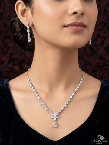 Classic Diamond Drop Necklace & Earrings Set – Elegant Floral Crystal Bridal Jewelry