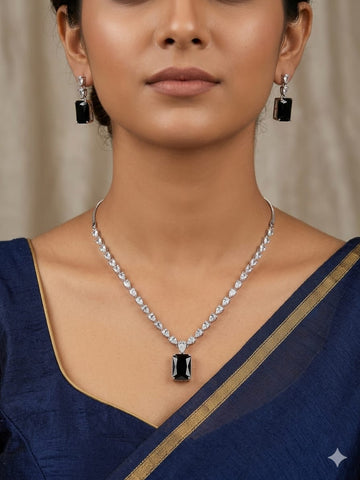 Classic Black Emerald-Cut Pendant Necklace & Drop Earrings Set – Elegant Evening Jewelry