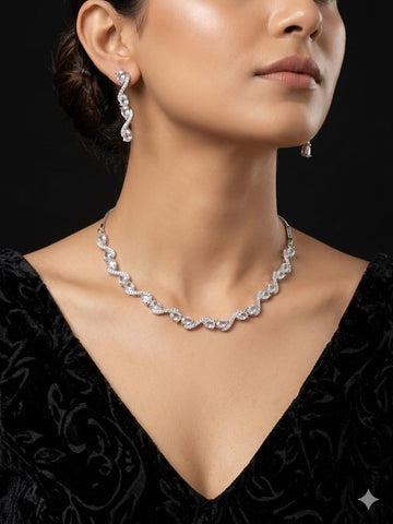 Luxury Wave Design Diamond Necklace & Earrings Set – Elegant Statement Jewelry