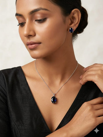 Elegant Sapphire Blue Pendant Necklace & Stud Earrings Set – Minimalist Luxury Jewelry