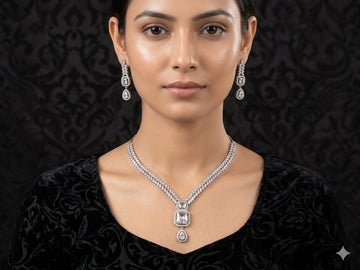 Geometric Halo Diamond Necklace & Earrings Set – Luxury Drop Pendant Jewelry