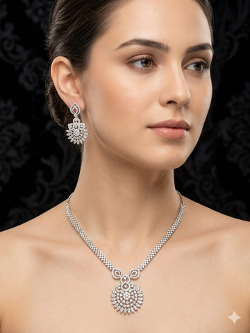 Floral Halo Diamond Pendant Necklace & Statement Earrings Set – Luxury Bridal Jewelry