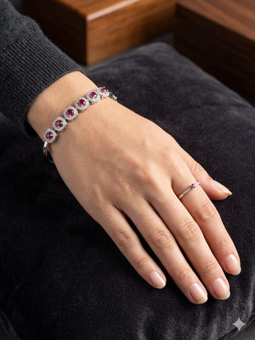 Elegant Ruby Halo Bracelet – Sterling Silver Red Gemstone Link Bracelet for Women