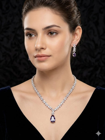 Amethyst Drop Diamond Necklace & Earrings Set – Elegant Floral Luxury Jewelry