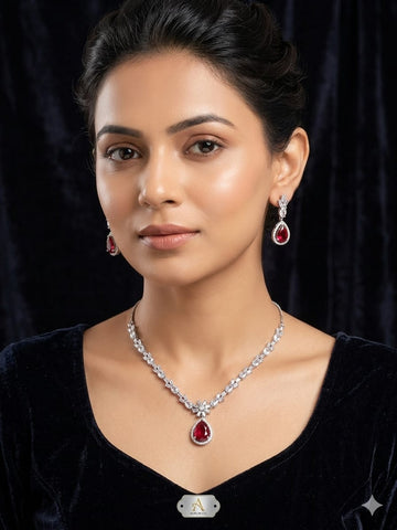 Luxury Ruby Red Teardrop Necklace & Earrings Set – Elegant Crystal Bridal Jewelry