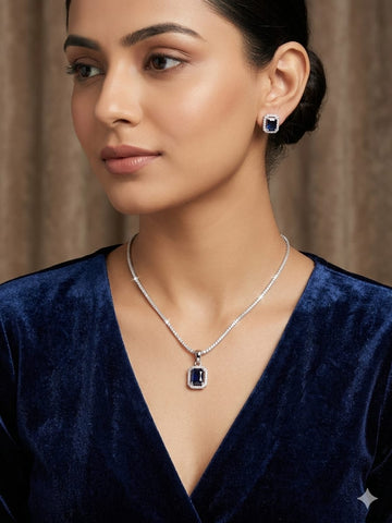 Royal Sapphire Halo Pendant Necklace & Stud Earrings Set – Silver-Tone Luxury Jewelry