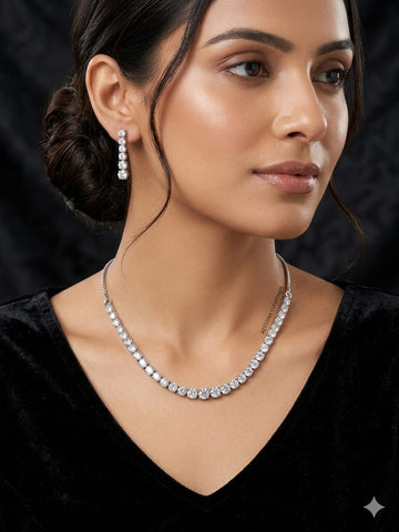 Classic Round Cut Tennis Necklace & Earrings Set – Timeless Diamond Crystal Jewelry
