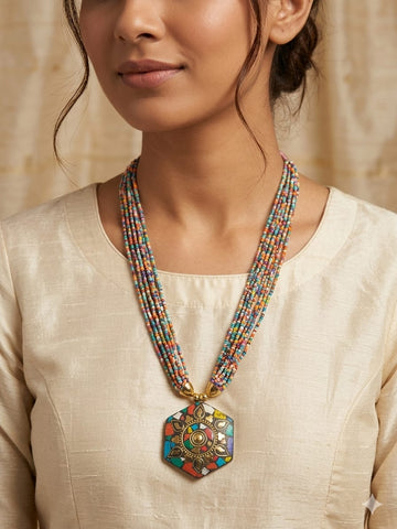 Boho Multi-Strand Beaded Necklace with Colorful Mosaic Pendant – Ethnic Statement Jewelry