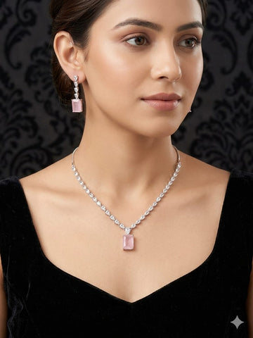 Blush Pink Emerald-Cut Pendant Necklace & Earrings Set – Elegant Diamond Jewelry