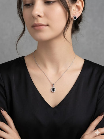 Minimalist Black Oval Crystal Pendant Necklace & Stud Earrings Set – Elegant Silver-Tone Jewelry