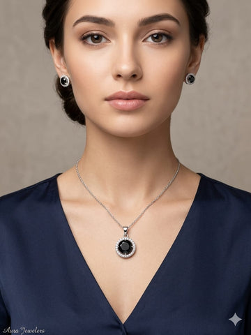 Classic Black Stone Halo Pendant Necklace with Matching Stud Earrings – Elegant Silver Jewelry Set for Women