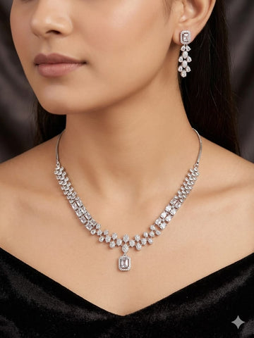Luxury Crystal Statement Necklace & Drop Earrings Set – Geometric Bridal Silver Jewelry
