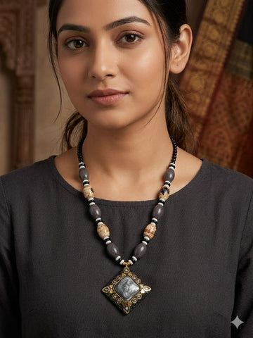 Monochrome Artisan Beaded Necklace – Black & Grey Ethnic Pendant Statement Jewelry