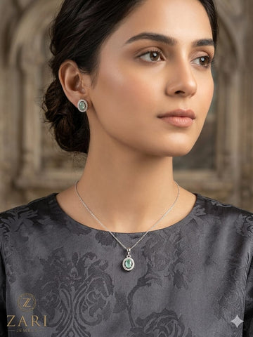 Classic Mint Green Oval Pendant Necklace & Stud Earrings Set – Elegant Silver Jewelry