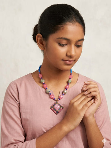 Handcrafted Colorful Beaded Necklace with Geometric Pendant – Boho Ethnic Statement Jewelry