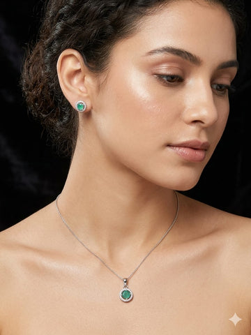 Minimalist Emerald Halo Pendant Necklace & Stud Earrings Set – Elegant Green Crystal Jewelry