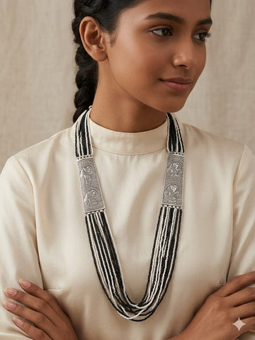 Handcrafted Multi-Strand Beaded Necklace with Engraved Silver Plates – Ethnic Statement Jewelry