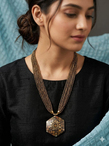 Vintage Gold Multi-Strand Beaded Necklace – Ethnic Geometric Pendant Statement Jewelry
