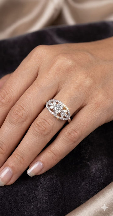 Floral Halo Oval Filigree Ring – Vintage Petal Design with Brilliant Center