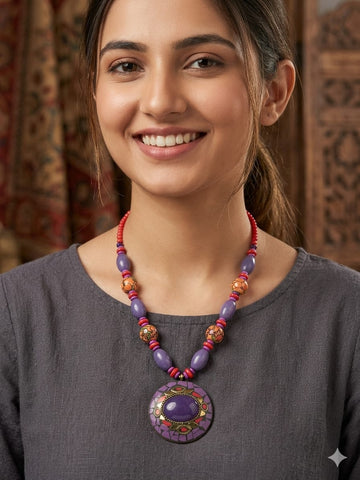 Bohemian Purple Statement Necklace – Handcrafted Beaded Pendant Jewelry